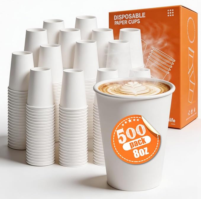 MOUMOULIFE Disposable Paper Coffee Cups 8 oz 500 Count Bulk, Leak-Proof White Paper Cups for Hot & Cold Beverages, Ideal for Office, Travel - Image 2