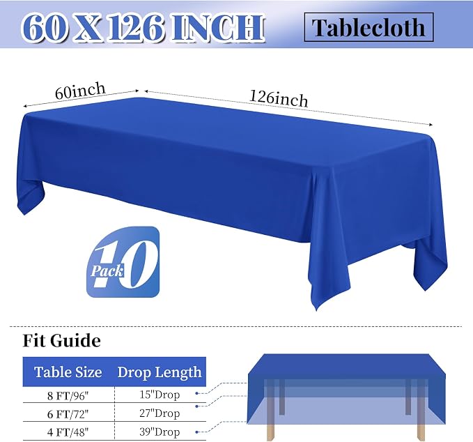 fani 10 Packs Royal Blue Tablecloth - 60 x 126 Inch for 8Ft Tables | Washable Polyester Fabric, Stain Wrinkle Resistant Rectangle Table Cloth for Wedding Banquets Parties Buffet Dining - Image 2