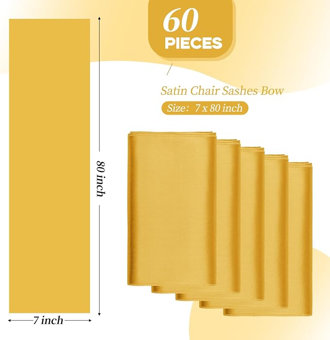 YMHPRIDE 60 PCS Gold Satin Chair Sashes,Ties Bows Designed Chair Sashes for Wedding Party Baby Shower Banquet Restaurant Hotel Folding Chairs Decoration(Gold,7x78 inch) - Image 3