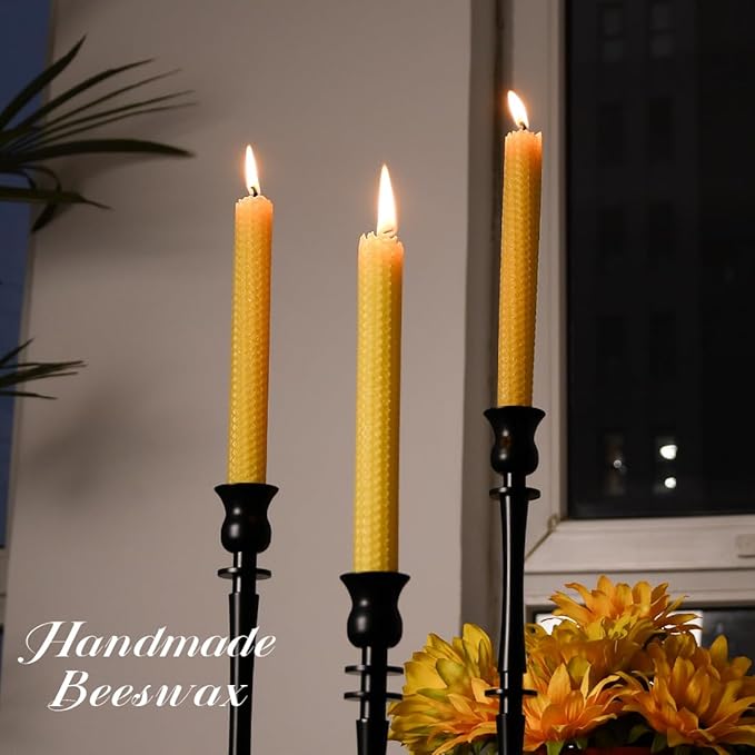 Pack of 4 Beeswax Taper Candles Hand Rolled - Smokeless Dripless - Organic No Scent - 8 Inch in Natural Yellow