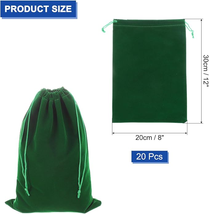 uxcell 20 Pcs Velvet Drawstring Bag, 8 x 12 Inch Jewelry Velvet Pouches Gift Bags for Wedding Party Favor Candy Jewelry Packaging Organizing Storage, Dark Green - Image 2