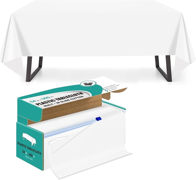 54 Inch x 300 Feet White Plastic Tablecloth Roll Disposable Table Cloth with Cutter Box Plastic Table Cover for Party by Unknown