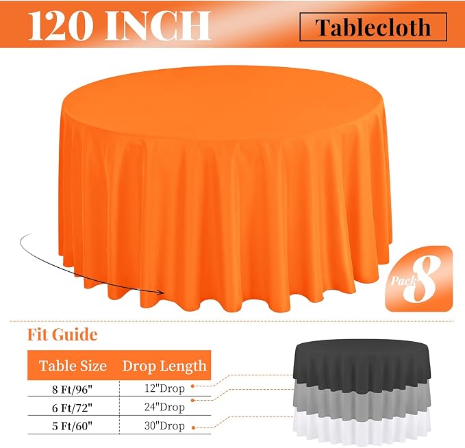 fani 8 Packs Orange Round Tablecloth - 120 Inch, Polyester | Table Cloth for Round Tables, Washable Fabric, TableCovers for Wedding, Party, Banquet, Dining Tables, Camping - Image 2