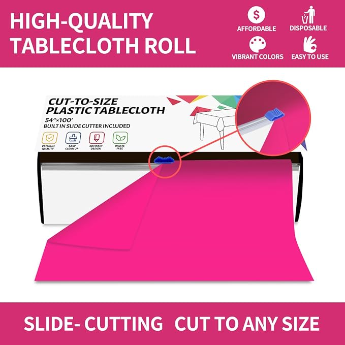 CXPSINC 54 Inch X 100 Feet Plastic Table Cover Roll Disposable Tablecloth with Slide Cutter for All Type/Shape Tables | Party, Banquet, Birthdays, Weddings(Fuchsia, 100 Feet) - Image 4