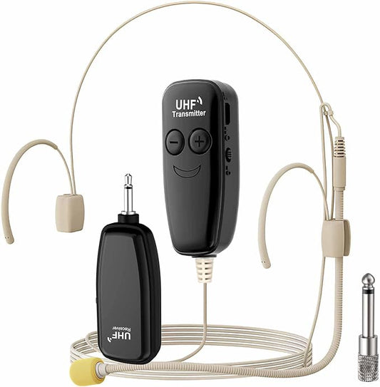 Wireless Headset Microphone, UHF Skin Tone Head Mic Speaker System, Beige Professional Voice Amplifier Microphones, with 164ft Range, Ideal for Teachers Tour Guides Fitness Coaches Conferences