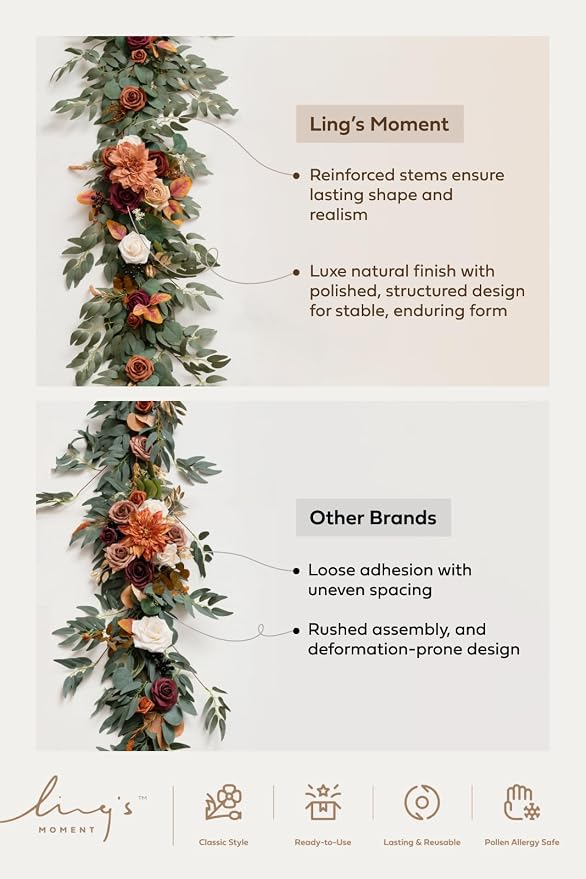 Ling's moment Terracotta Artificial Flower Garland Fall Wedding Arch 6 FT | Burnt Orange Rose & Eucalyptus, Greenery, Sweetheart Table Decor, Floral Garland for Mantle, Centerpieces, Backdrop - Image 5