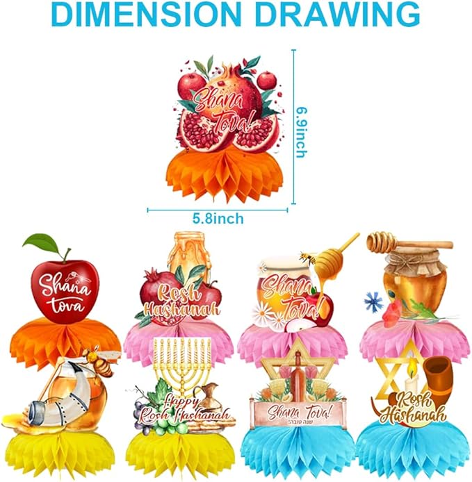 8Pack Rosh HashanaBirthday Party supplies set Honeycomb Centerpieces Double Sided Table Topper for Rosh Hashana Birthday Party Decorations (Rosh Hashana)