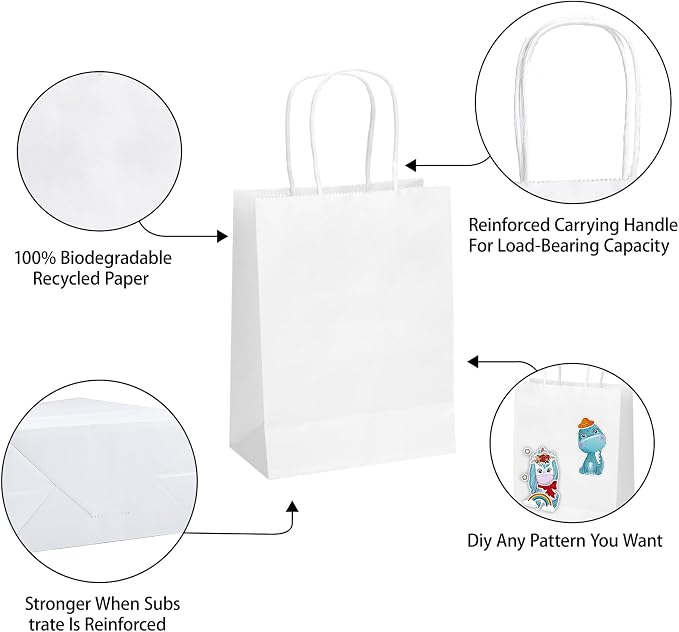 MOZRRO Gift Bags, 100 Pack 10.5x8.5x4.5 Inch, Paper Bags with Handles, Medium Size, White Gift Bag for Birthday, Wedding, Bulk, Party, Lunch, Goodie - Image 3