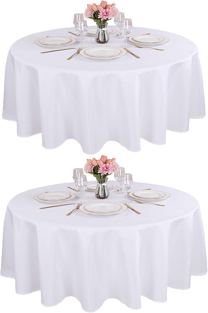 Kesfey 120 Inchs White Round Table Cloths 2 Packs Wrinkle Resistant Polyester Tablecloth Washable Banquet Tablecovers splashproof High Density Table Covers Fabric Tablecloths for Wedding Birthday by kesfeyhigh-qualitygoods