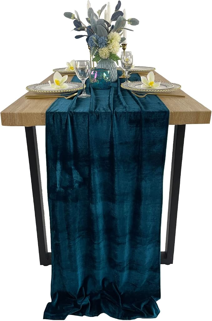 Luxurious Velvet Table Runner, 10ft Wedding Reception Decorations, 20x120inch Soft Velvet Fabric, Table Linen Overlay, Wedding Table Runners (Peacock Blue, 20X120inch) by EHLDekol