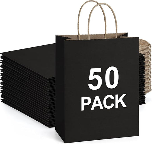 BagDream Medium Gift Bags with Handles 8x4.25x10.5 Inch Black 50 Pack Bulk | Kraft Paper, Recycled, Sturdy Handles, For Gift Giving, Crafts, Party Favors, Halloween, Christmas, Business Packaging by BagDream