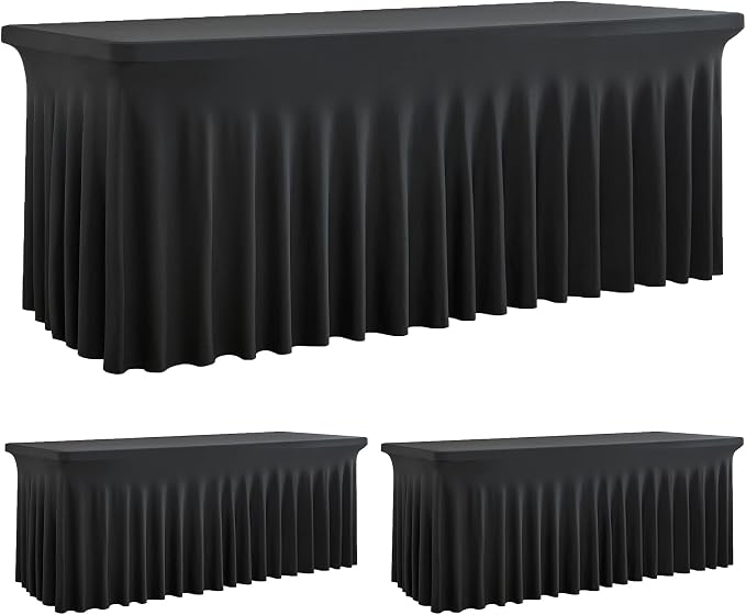 Outpain 2 Pack Black Table Clothes for 8 Foot Rectangle Tables, One-Piece Wrinkle Resistant Stretch Spandex Table Covers with Skirt for Event Banquet Wedding Birthday Party by Outpain