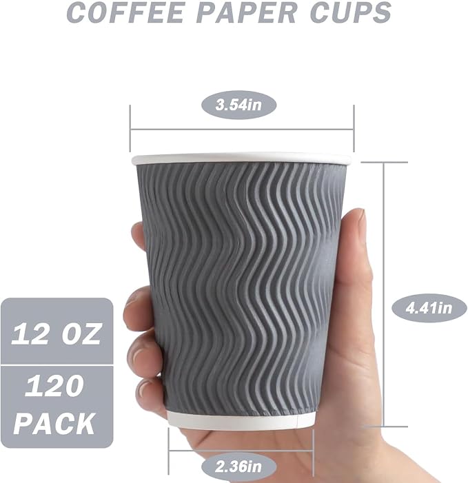 Clawsoff 120 Pack 12 oz Coffee Cups Disposable Insulated Paper Cup Gray | Premium Sturdy Ripple Wall, Ideal For Hot Beverage or Cold Drinks , Office, Home, Cafe, Party, Travel Daily Use - Image 2