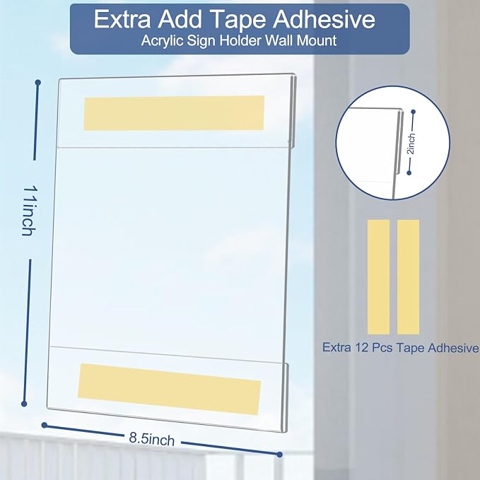 Acrylic Sign Holder 8.5 x 11 Wall Mount, 8.5 X 11 inch Clear Plastic Paper Sign Display with Tape, No Drilling Acrylic Wall Frame for Office, Home, Store, Restaurant (24 Pack) - Image 2