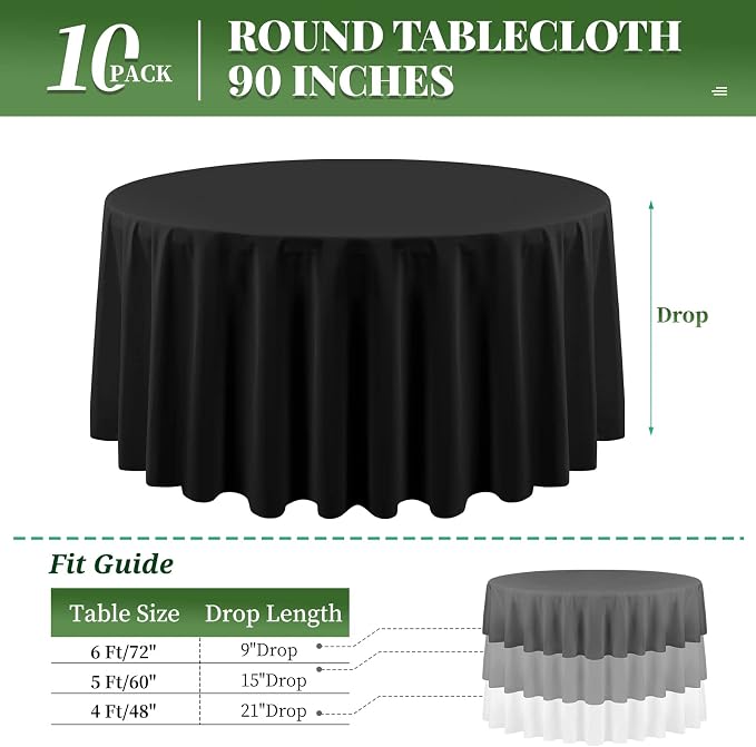 10 Pack Round Tablecloth Black Round Tablecloth 90 Inch Table Cloth Washable Polyester Fabric Bulk Linen Tablecloths Tables Cover for Parties Wedding Banquet Buffet Dinning - Image 2