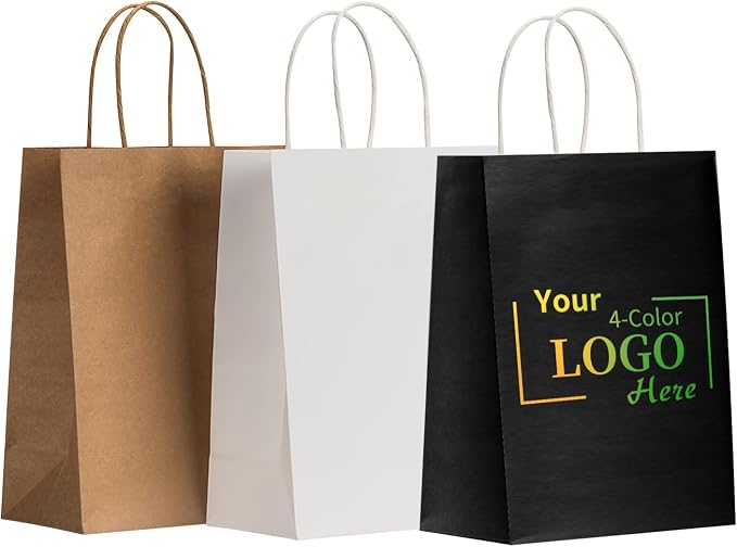 RACETOP 100 PCS Custom Kraft Paper Bags with Logo for Small Business, 8x4.5x10.8 Inch Medium Size, Personalized Gift Bags, Brown Shopping Paper bag with Handle, White Goodie Bag by RACETOP