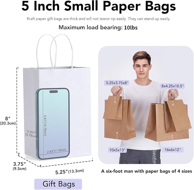 GSSUSA 100 Pack White Paper Bags with Handles, Small Gift Bags 5.25x3.75x8 | Sturdy Kraft Goodie Bags for Shopping, Retail, Wedding, Party Favors, Birthday Gifts, Boutique, Crafts, and Small Business. - Image 2
