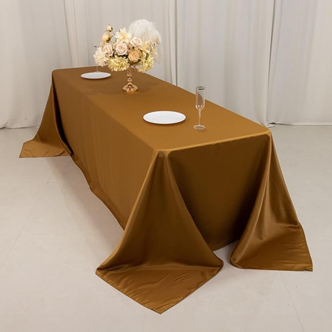 Efavormart Gold Seamless Lamour Satin Rectangle Tablecloth - 90"x156" for 8 Foot Table with Floor-Length Drop