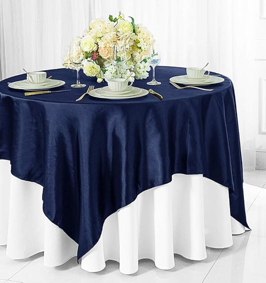 (2 PCS 54" Square Satin Table Overlays Toppers Tablecloths Table Overlay Cover Linens for Wedding Decoration Party Banquet Events - Navy Blue