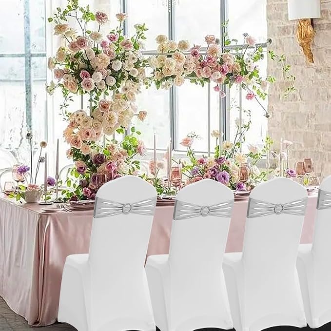 Spandex Chair Sashes Bows 100 PCS Metallic Silver - Image 5