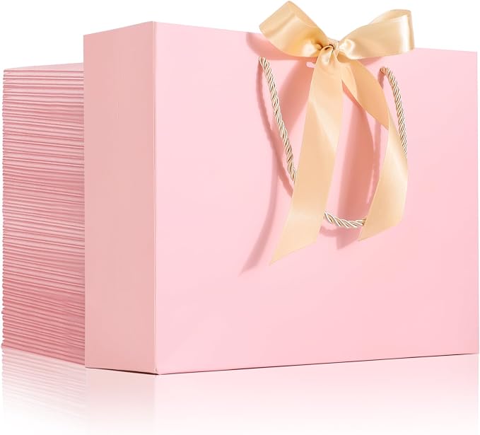 EUSOAR Pink Gift Bags with Ribbon Bow, 50pcs 10.6"x3.1"x8.3" Thank You Gift Bags with Handles, Shopping Wedding Party Favor Paper Bags Gift Treat Bags Bulk for Wedding Baby Shower Guests Bridal by EUSOAR