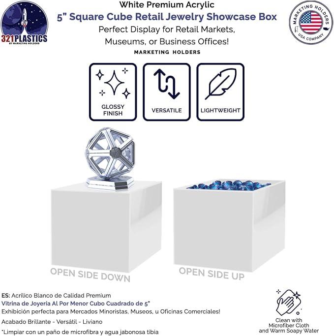 4 Pack 5 Inch Acrylic Display Riser Box White Preassembled Square Retail Product Riser One Open Side No Lid Merchandise Storage Box Flippable Cubby for Expos and Tradeshows by Marketing Holders - Image 2