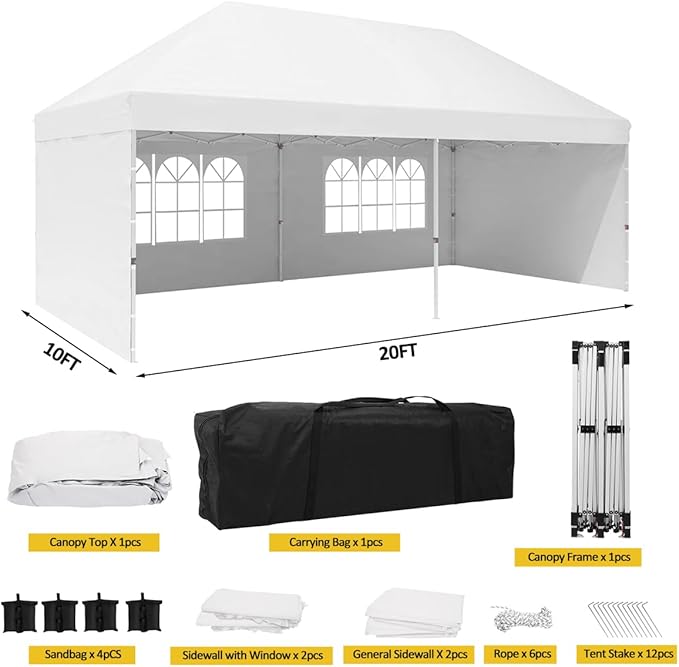 Eachbid 10' x 20' Pop Up Canopy Gazebo Commercial Tent with 4 Removable Sidewalls, Large Party Tent, Event Shelter Gazebo Canopy with 4 Sandbags, Stakes X12, for Patio Party Weddings Picnic (White)