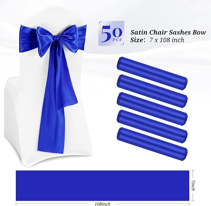 Pesonlook 50 Pcs Royal Blue Satin Chair Sashes Ties, 7×108inch | Satin Chair Sashes Bows Chair Cover Back Tie Supplies for Wedding Reception Events Banquets Party, Hotel Event, Chairs Decor - Image 2