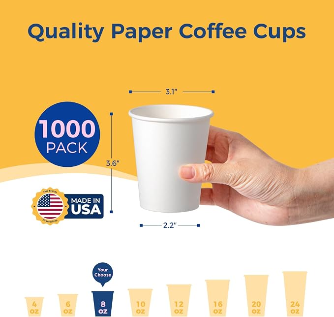 Fit Meal Prep 1000 Pack 8 oz Disposable Paper Coffee Cups, Premium White Hot Cups for Hot/Cold Beverage, Durable Thickened Paper Cup Bulk for Party, Office, Bussines, Home, Bistros, Events - Image 2