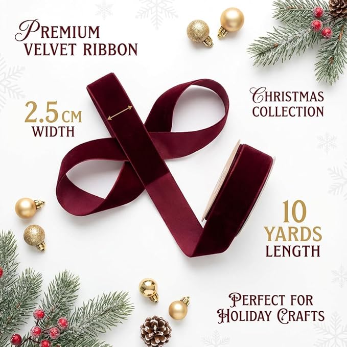 1" Burgundy Velvet Ribbon, 10 Yards Roll – Premium Flocked Velvet Fabric Trim for Christmas Gift Wrapping, Holiday Décor, Wreaths, Bows & DIY Craft Projects