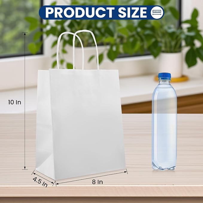 XPCARE White Paper Bags with Handles, 200Pcs 8x4.5x10In Kraft Paper Bag | Small Medium Paper Bags with Handles Bulk Treat Bags Kraft Paper Gift Bag for Retail Party Shopping Party Favor - Image 2