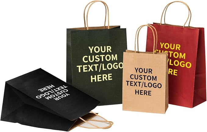 RACETOP 100 PCS Custom Kraft Paper Bags with Logo for Small Business, 8x4.5x10.8 Inch Medium Size, Personalized Gift Bags, Brown Shopping Paper bag with Handle, White Goodie Bag - Image 3