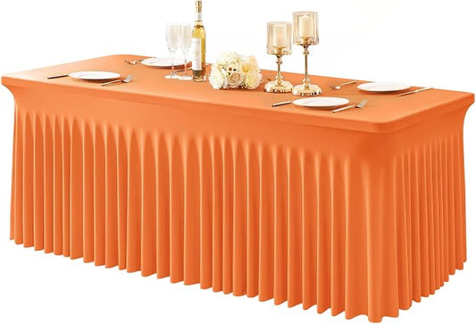 1 Pack Orange Table Clothes for 4 Foot Rectangle Tables, One-Piece Wrinkle Resistant Stretch Spandex Table Covers with Skirt for Event Banquet Wedding Birthday Party by PartyTalk