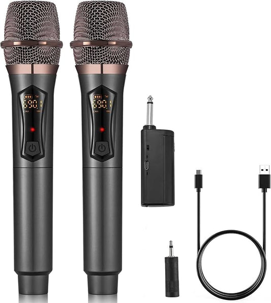 ALPOWL Wireless Microphones, Metal Dynamic Microphone System with Rechargeable Receiver, 50H Duration, 200ft Range, Microphone for Karaoke Singing, Wedding, DJ, Party, Speech, Church