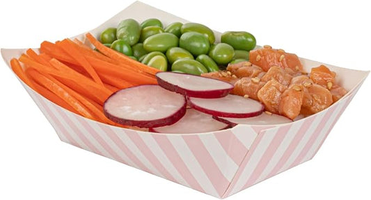 Restaurantware-Bio Tek 6 Ounce Boat Paper Boats, 50 Disposable #40 Food Trays - PE Lining, Durable, 4.88 x 4 x 1.5" Pink And White Striped Paper Food Baskets, For Concession Stands, Picnics,Stackable by Restaurantware