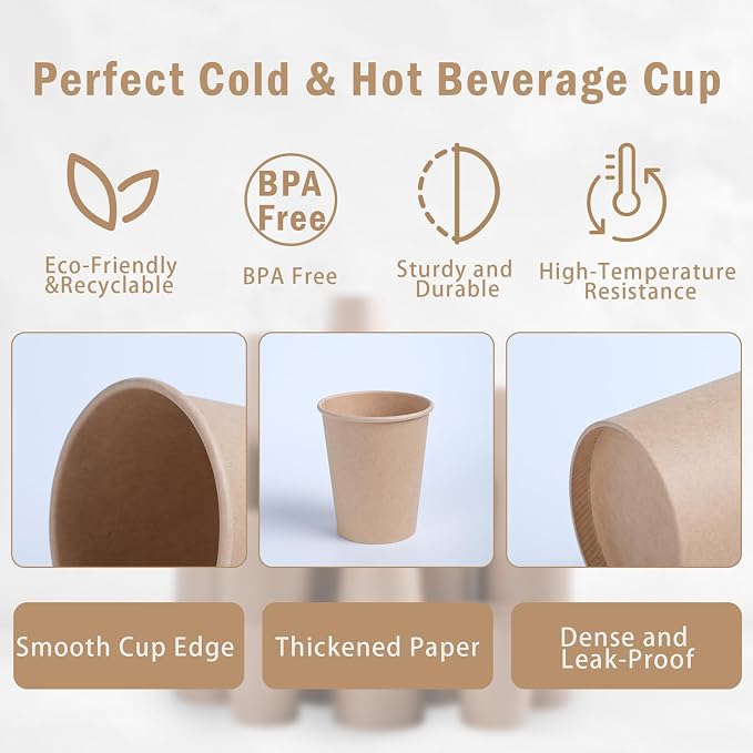Lamosi 200 Pack 10 oz Kraft Paper Cups, Brown Disposable Paper Coffee Cups | Unbleached Paper Cups for Hot/Cold Beverages, Suitable for Home, Kitchen, Office, Party, Picnic, Travel, Cafe & Bar Use - Image 3