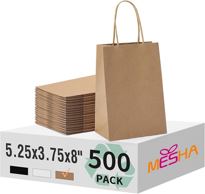 MESHA Kraft Paper Bags 5.25X3.75X8 Brown Small Gift Bags with Handles Bulk,500 Pcs for Small Business,Birthday Wedding Party Favor, Paper Shopping by MESHA