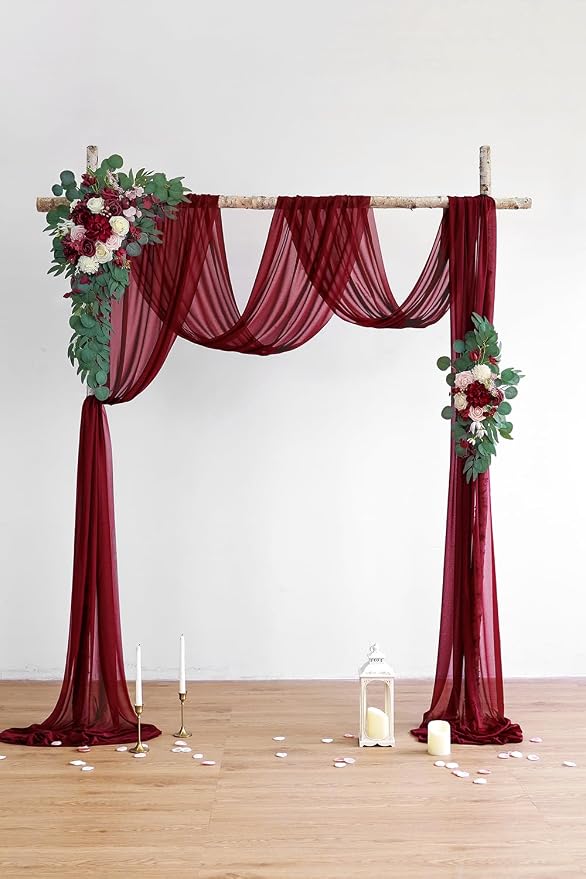 Olalaka Burgundy Artificial Wedding Arch Flowers Kit (Pack of 3) with 26Ft Burgundy Shiny Arch Draping Fabric for DIY Wedding Party Ceremony Reception Backdrop Floral Decoration - Image 2