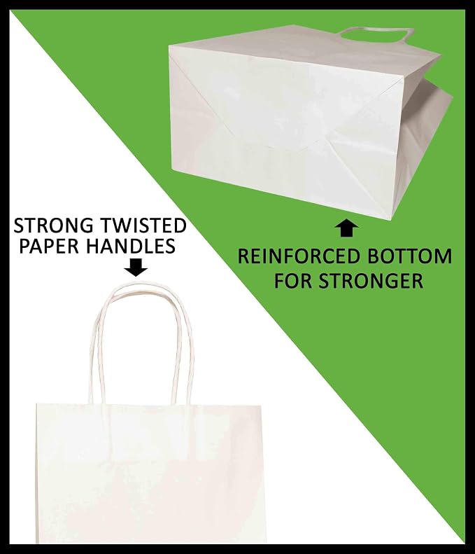 White Paper Gift Bags Bulk with Handles 5.25 X 3.25 X 8 [100 Bags] Ideal for Shopping, Packaging, Retail, Party, Craft, Gifts, Wedding, Recycled, Business, Goody and Merchandise Kraft Bag - Image 3