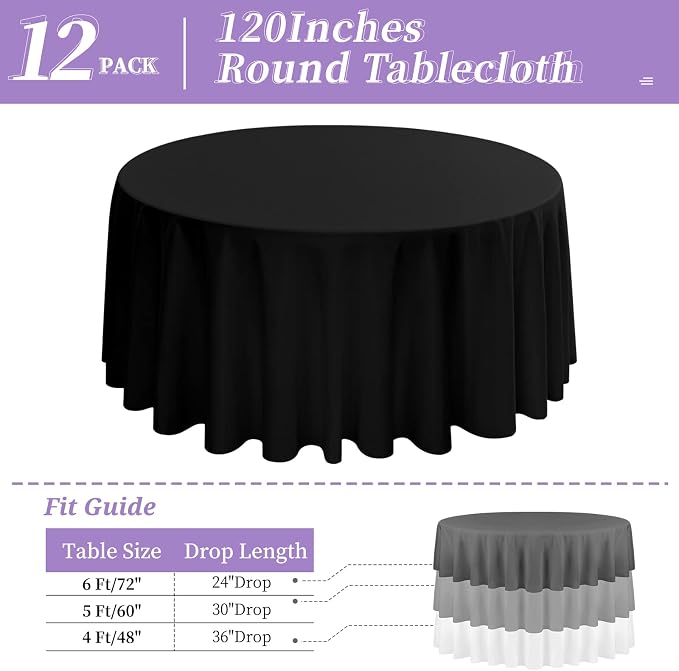 12 Packs 120 Inch Black Round Polyester Tablecloths | Table Cover for Round Tables, Stain and Wrinkle Resistant Washable Table Cloth, Perfect for Wedding Banquet Parties - Image 2