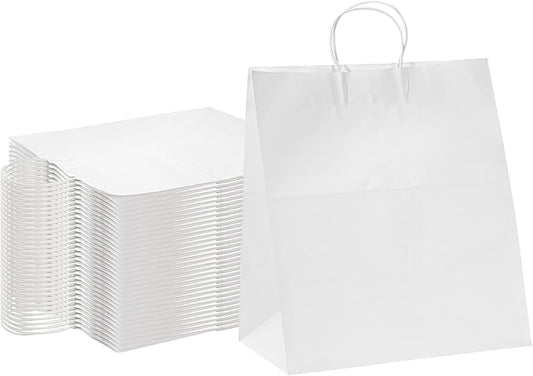 Restaurantware-Saving Nature 15.9 x 9.8 x 17.3 Inch Shopping Bags, 100 Large Retail Bags With Handles - Sustainable, Durable, White Paper Merchandise Bag, For Wedding, Birthday Party Favor by Restaurantware