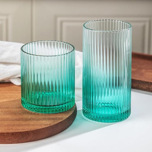 Ribbed Drinking Glasses 8pcs, 12oz and 10oz Glassware, Tumbler Glasses Cup Set for Wedding, Party, Christmas Gift, Green