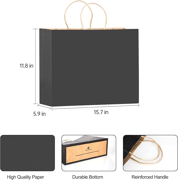 16x6x12 Inch 80pcs Black Paper Bags with Handles Bulk, Large Gift Bags, Large Kraft Paper Bags Shopping Bags in Bulk for Boutiques, Small Business, Retail Stores, Gifts & Merchandise （Black) - Image 2