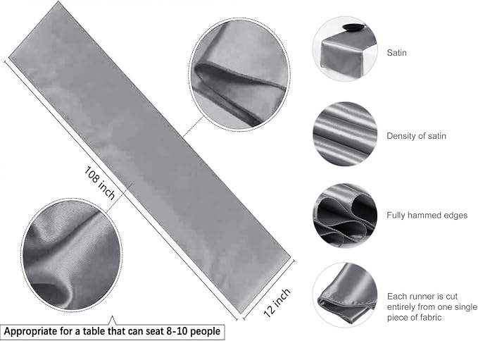 VDS Pack of 20 Satin Table Runners Charmeuse Sateen Silk Centerpiece Cloth Linen for Wedding Birthday Graduation Engagement Ceremony Event Party Banquet Table Decoration (12x108 inch)(Silver Grey) - Image 3