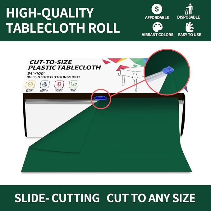 CXPSINC 54 Inch X 100 Feet Plastic Table Cover Roll Disposable Tablecloth with Slide Cutter for All Type/Shape Tables | Party, Banquet, Birthdays, Weddings(Green, 100 Feet) - Image 4