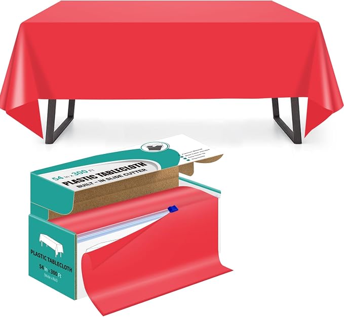54 Inch x 300 Feet Red Plastic Tablecloth Roll Disposable Table Cloth with Cutter Box Plastic Table Cover for Party by Unknown