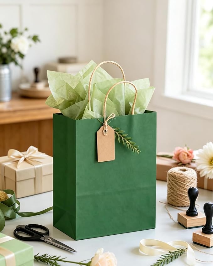 qiqee Medium Kraft Paper Bag with Handles Bulk 11"x8"x4" Gift Bags Deep Green 400PCS Paper Bags for Party - Image 6