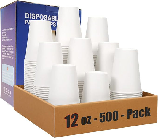 MOUMOULIFE Disposable Paper Coffee Cups 12 oz 500 Count Bulk, Leak-Proof White Paper Cups for Hot & Cold Beverages, Ideal for Party, Office, Home, Travel by moumoulife