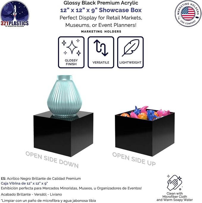 12" x 12" x 9" Acrylic Display Box with One Open Side No Lid Versatile Glossy Black Retail Product Riser or Merchandise Storage Bin by Marketing Holders - Image 4