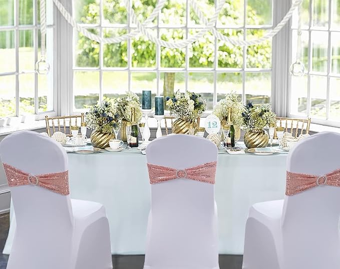 Sequin Rose Gold Chair Sashes 100 Pack, Pink Gold Sequin Chair Bows for Party Folding Chairs Decorations, Chairs Bands with Buckles for Wedding Fiestas Birthday Engagement Christmas Decor - Image 4